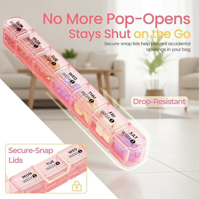Betife Monthly Pill Organizer 1 Time a Day, 4 Weekly Pill Box Organizer Once a Day, 28 Day Large Pill Case for Travel, 28 Day Daily Medcine Container for Vitamins, Supplement & Medication (Pink)