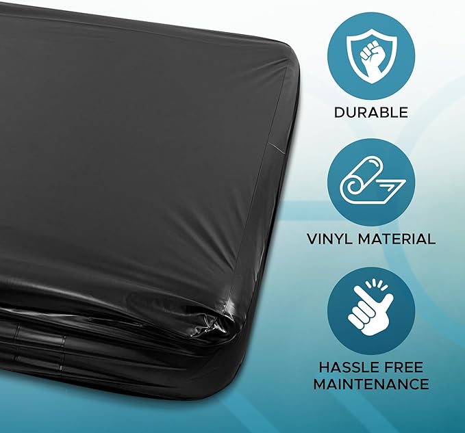 Black Vinyl Queen Waterproof Fitted Massage Bed Sheet with Side Pocket | Mattress Protector, Bed Cover for Nuru Massage - Oil, Water-Based, Silicone Safe | 60'' x 80'' + 15.7'' Deep Pocket