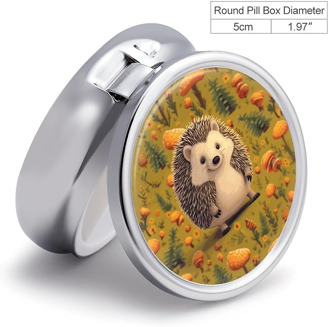 Hedgehog Pill Box Travel Pill Case for Purse Pocket Weekly Medicine Organizer with Mirror 3 Compartment Round Medicine Case Portable PillcaseHolder for Daily