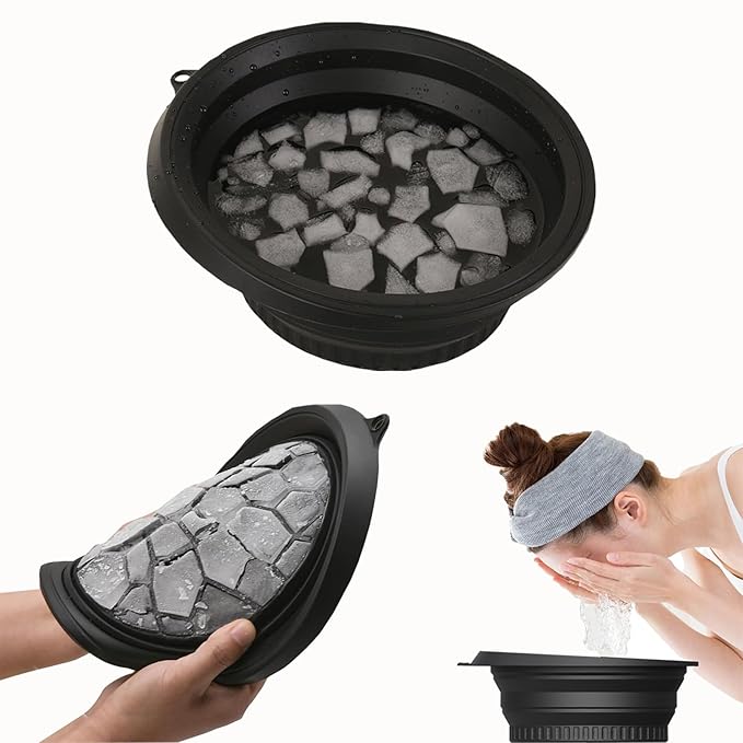Face Ice Bath Bowl Mold With Built-In Icetray, Portable Foldable Silicone Dipping Water Facial Cold Immersion Therapy Plunge Bowl for Face Ice Bath Holder for Home And Travel (Black)