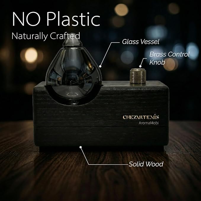 Black Obsidian Waterless Essential Oil Diffuser with Real Wood Base for Aromatherapy, Modern Smoky Glass Oil Diffuser, Cordless Portable Scent Diffuser Machine for Office Men Large Room, 2026 Model