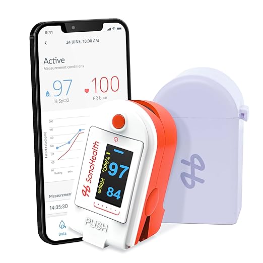 Pulse Oximeter by SonoHealth - Fingertip Blood Oxygen Saturation Monitor, Data Recording, Bluetooth-Enabled - Lifetime Mobile App Access (Pulse Oxi V 1.0)
