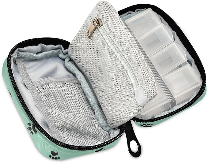 Dog Paw Print Travel Medicine Organizer Bag Compact Pill Case with Inner Compartments & Secure Zipper for Women Men Seniors