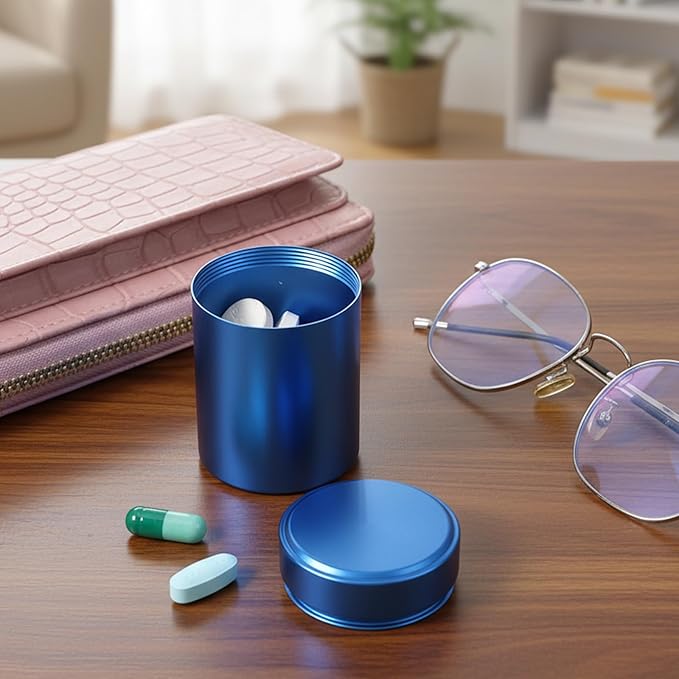 Portable Round Metal Pill Case, Aluminum Alloy Pill Holder, Waterproof Medicine Organizer for Travel, Outdoor, Vitamins, Fish Oils, Blue