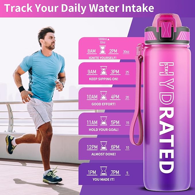 Water Bottle with Straw, 32oz Motivational Water Bottles with Time Marker to Drink, Tritan BPA Free, 1L Sports Water Bottle with Carry Strap LeakProof for Women Gym Fitness Outdoor (1 Pack)