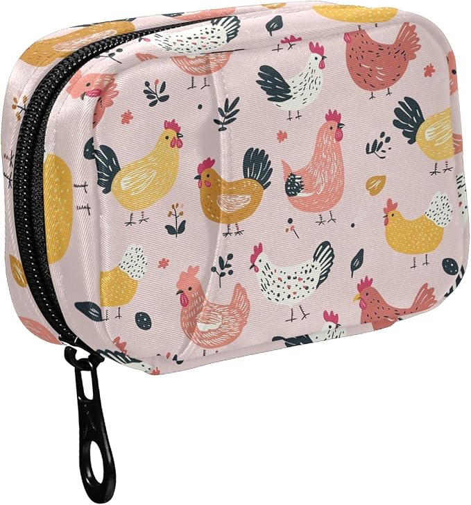 Fustylead Cute Cartoon Hens and Roosters on Pink Background Travel Pill Case Bag with Zipper Weekly Pill Box 8 Compartments 7 Day Personal Pill Case Purse Medicine Case Organizer