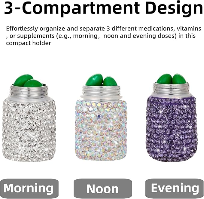 3 Compartment Small Pill Holder Keychain Bling Pill Container with Key Chain Travel Pill Organizer Medicine Box for Women (White+AB+Purple)