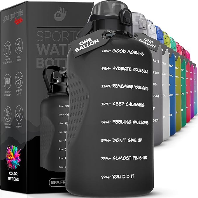 Motivational Water Bottle with Straw & Handle,One Gallon Water Bottle 128 oz/3.8L,Reusable Water Jug, Achieve All-Day Hydration SpillProof, BPA FREE
