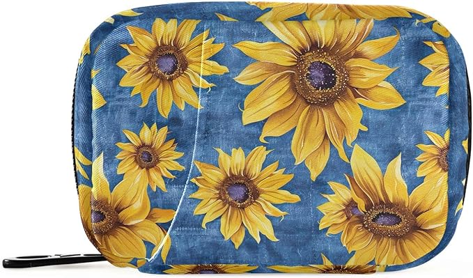 Travel Pill Case Yellow Sunflowers on Blue 7 Day Small Portable Pill Case Weekly Vitamin Storage Organizer with Zipper
