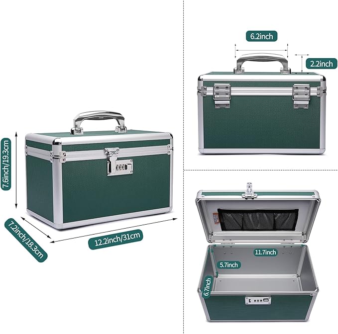 Lockable Medication Box with Portable Storage Case, 12.2''x 7.2''x 7.6'', Childproof Medicine Lock Organizer, Lockbox for Documents & Valuables (Green/Medium)