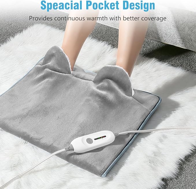 Electric Heated Foot Warmer Soft Flannel Foot Heater with 2h Auto Off & 3 Heat Levels Full Body Use Heating Pad for Feet, Abdomen, Cramps, Pain Relief Pocket Design 16" x 22" Grey