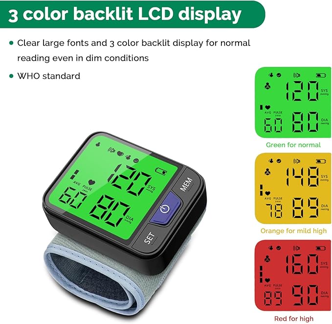 Wrist Blood Pressure Monitor for Home Use Automatic Wrist Bp Monitor with Voice, Digital 3 Color Backlit LCD Display 240 Readings for Dual Users Portable Adjustable Cuff Bp Machine