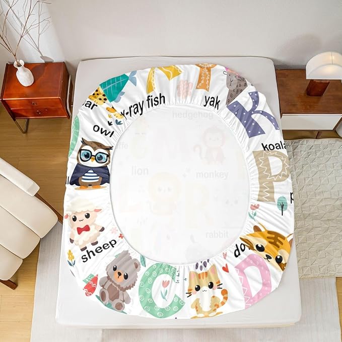 ABC Alphabet Bedding Set Full Size for Boys Girls, Cartoon Animal Bed Sheet Set Cute Educational Learning Tool Fitted Sheet Learning Educational Bed Cover (2 Pillow Cases and a Fitted Sheet)