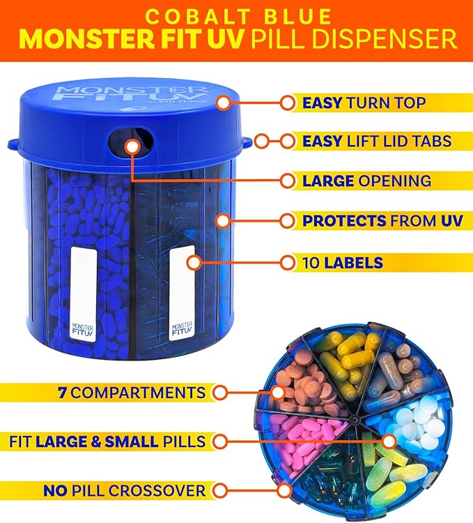 XL Supplement Pill Dispenser Bottle, 7 Compartment, Labels, Easy Open, Anti-Mixing, UV Protected Organizer, Extra Large Monthly Vitamin, Monster Fit Medication Holder (Cobalt Blue, Large)