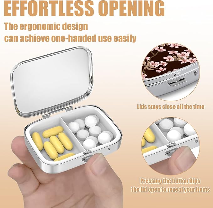 Pill Box-2 Compartment Small Pill Case Square Organizer Case with Mirror Portable Metal Medicine Box Travel Container for Pocket & Purse Women Men（Cherry Blossom）
