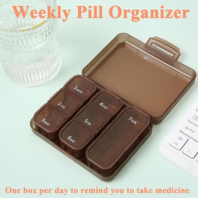 Weekly Pill Box Organiser for Pocket, Daily Medication Storage Case with 7 Compartments, BPA-Free Double Seal Waterproof, Storage for Vitamins, Fish Oil, Dietary Supplements (Brown)