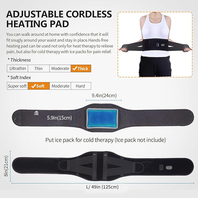 CUEHEAT Heated Waist Belt - Cordless Heating Pad for Low Back,FSA Eligible HSA, Electrical Heating and Massage, Rechargeable Battery Powered (Black Upgraded, 49 inches)