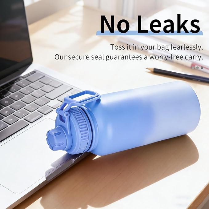 Motivational Water Bottle 32oz with Time Marker- Leakproof & BPA Free Sports Water Bottle with Straw & Carry Strap for Gym, Travel and Outdoor Sports (Stainless steel insulation-Blue)