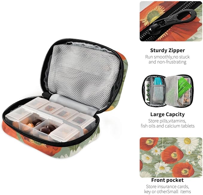 Poppy and Daisy Flowers Green Travel Pill Organizer Case Box Container Weekly Portable Vitamin Medicine Holder Storage Bag with Zipper Removable