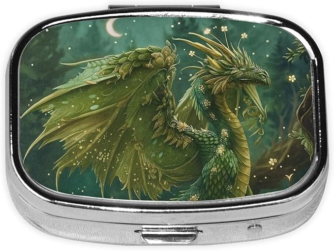 Fantasy Botanical Dragon Pill Box with Mirror 2 Compartments Square Pill Organizer for Pocket