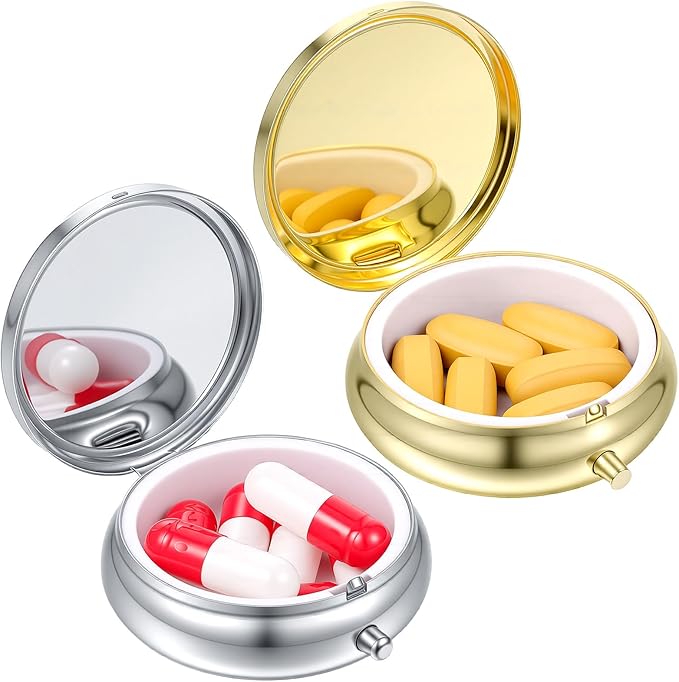 Sibba Small Pill Case, 2Pcs Portable Medicine Box for Purse & Pocket, Dose Pill Organizer Waterproof Metal Pastillero for Vitamins Fish Oil Supplements, Gold Silver