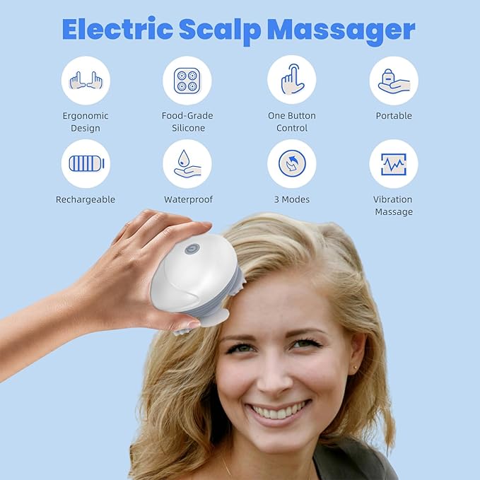 Upgraded Electric Scalp Massager for Men Women, Handheld Cat Dog Pet Head Massager with 4 Massage Heads, 3 Speeds, Waterproof Massager for Soothing Muscles Joints, Hair Growth, Stress Relax