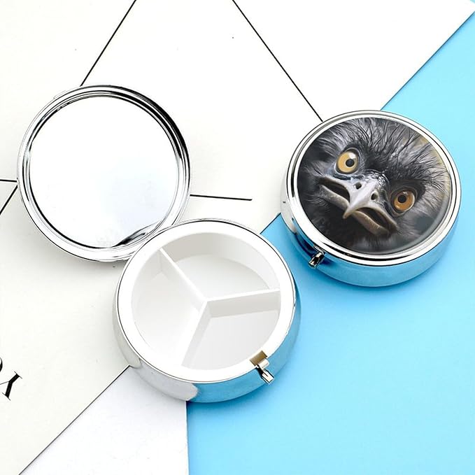 Emu Pill Box Travel Pill Case for Purse Pocket Weekly Medicine Organizer with Mirror 3 Compartment Round Medicine Case Portable PillcaseHolder for Daily