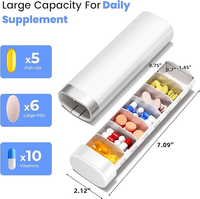 Pill Organizer 7 Day, Travel Pill Box with One-Handed Opening Design, Drawer Medicine Organizer 1 Time a Day, Travel-Friendly Small Case for Medication, Vitamins & Supplements(White)