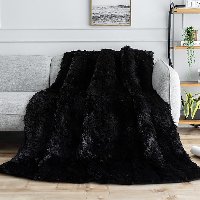 Cottonblue Faux Fur Weighted Throw Blanket 15lbs for Adults, Luxury Cozy Sherpa Plush Weighted Blankets 48x72 inches,Warm Elegant Microfiber Reversible Heavy Blanket for Couch Bed Chair, Black
