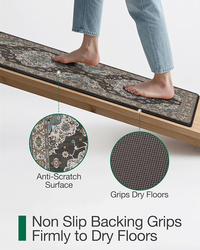 LUMI Kitchen Mat Anti Fatigue Cushioned, Memory Foam Padded Standing Rug Washable, Non Slip Comfort Floor Runner for Home, Sink, Laundry, Office, 17"x59", Black