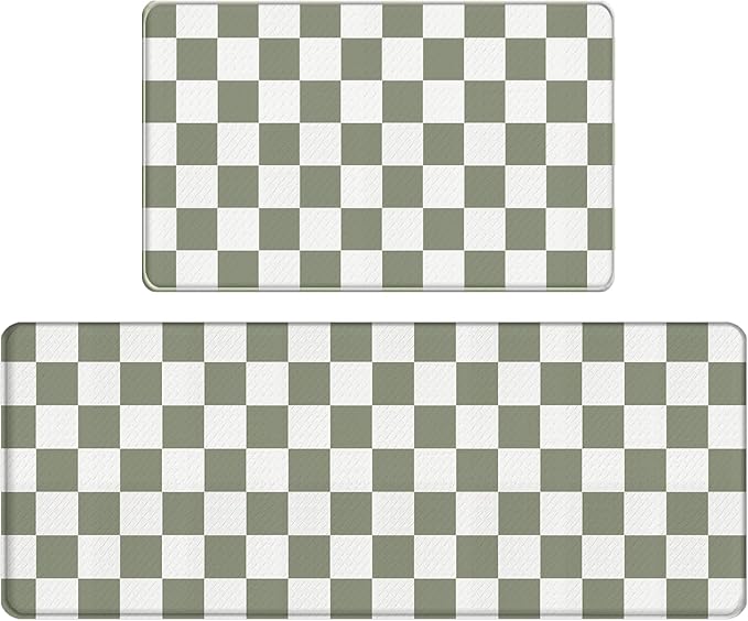 Bulijojo Buffalo Plaid Anti Fatigue Kitchen Floor Mats Set of 2 Waterproof Kitchen Sink Runner Rug Standing Mat Cushioned Kitchen Rugs Comfort Doormat 17"x47"+17"x30" Sage Green