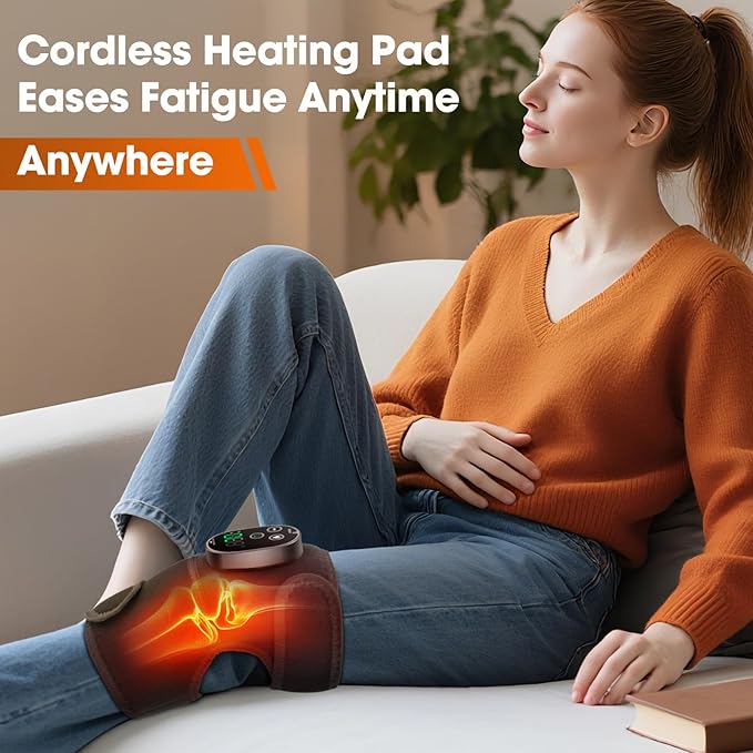 Cordless Heated Knee Massager for Pain Relief, Knee Heating Pad for Knee Arthritis, Heating Pad for Knee Pain, 6 Heatings, 3 Vibrations, 3 Timers, Adjustable Strap for Shoulder, Elbow, Knee