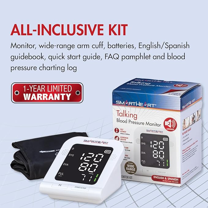 SmartHeart Blood Pressure Monitor | Wide-Range Upper Arm Cuff | Audible English Spanish Instructions and Results for Visually Impaired | 199-Reading Memory