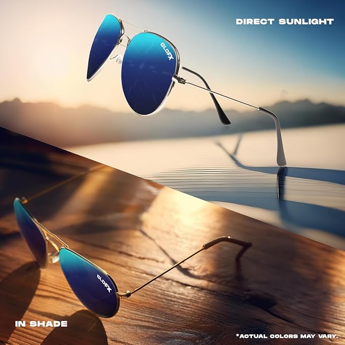 GloFX Diffraction Glasses | Hippie and Pilot Style Metal Frames with Mirror Lens and 3D Prism Rainbow Effect