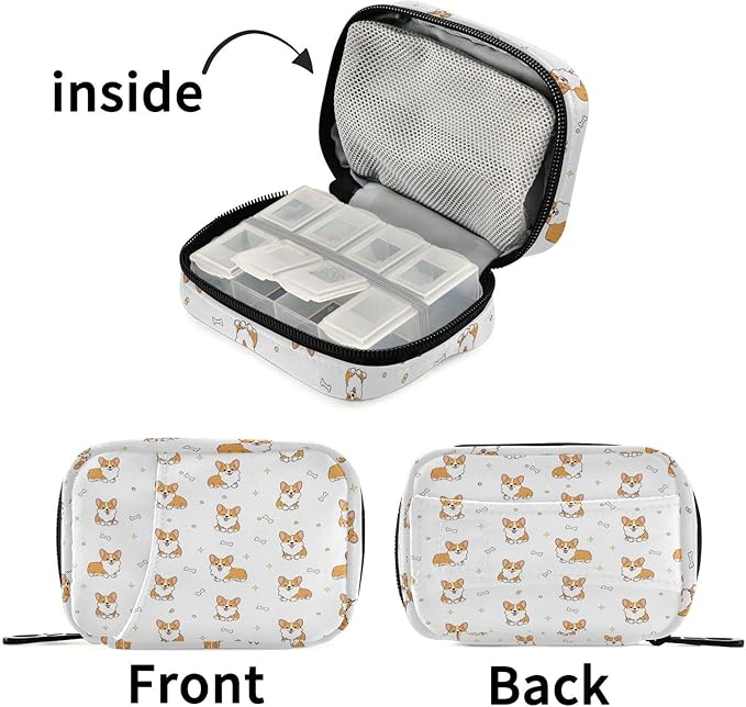 Cute Corgi Dog Pill Organizer Case Yellow Puppy Bone 7 Day Travel Pill Box with Zipper Portable Weekly Vitamin Medicine Supplement Holder Pouch Bag