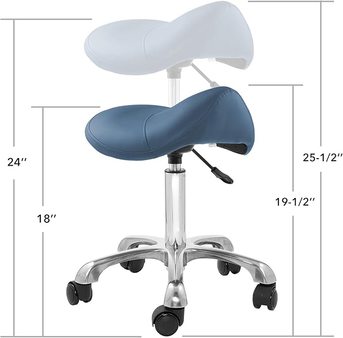 Saloniture Professional Ergonomic Saddle Stool, Blue - Adjustable Hydraulic Seat, Rolling Spa Salon, Massage, and Medical Office Chair with Swivel Wheels