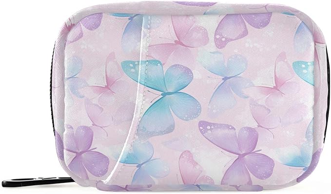 Pink Butterfly Travel Pill Case Bag with Compartments Twill Fabric Organizer with Plastic Inner Box for Medication Vitamins & Supplements