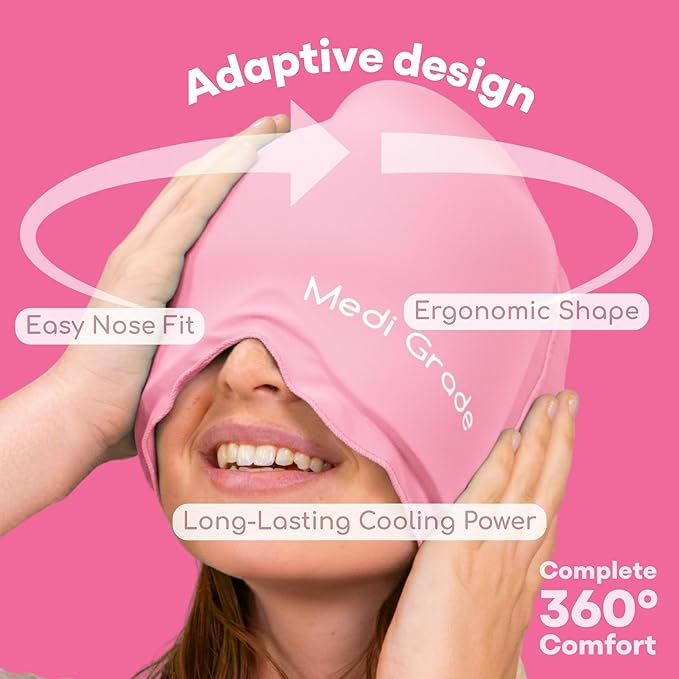 Medi Grade Migraine Relief Cap Pink - Cooling Compression Headache Relief Cap with Full Coverage - Soft Flexible Fabric Gel Migraine Cap that Blocks Light, Reusable Migraine Mask for Cold Therapy