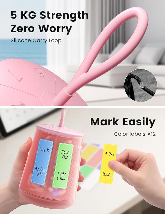 Anti-Mixing Large Pill Dispenser with 7 Compartments, Moisture-Proof & Light-Blocking Pill Bottle Organizer for Vitamins and Supplements, with Color Labels (Pink)
