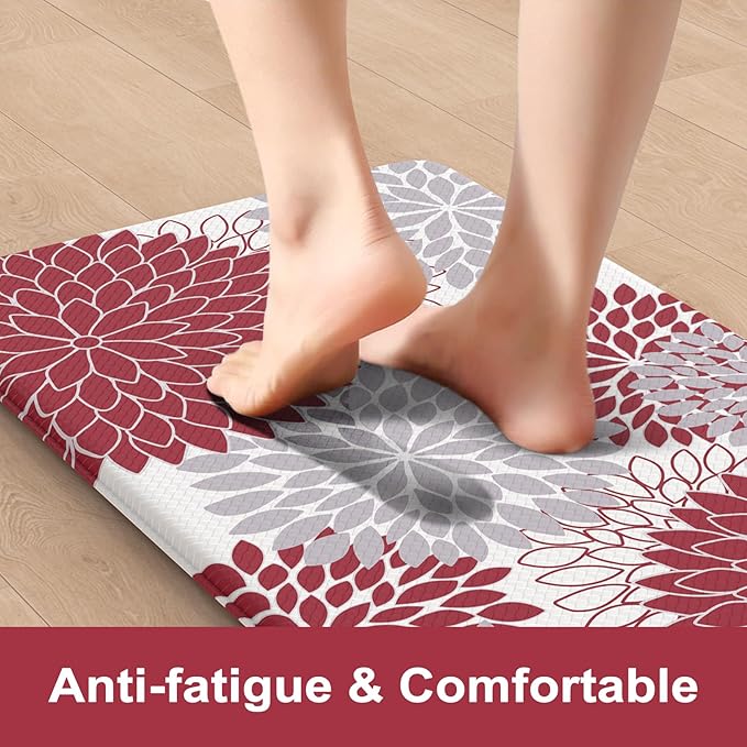 Anti Fatigue Kitchen Mats for Floor 2PCS,17"x47"+17"x29" Farmhouse Dahlia Kitchen Rugs Non Slip Rubber Backing,Waterproof Cushioned Standing Mat for Office,Laundry,Sink,Desk,Red