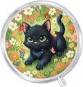 Round Pill Case Small Pill Box with Mirror Pocket 3 Compartment Vitamin Pill Medicine Case Organizer Pill Containers for Traveling Garden Cute Black Cat