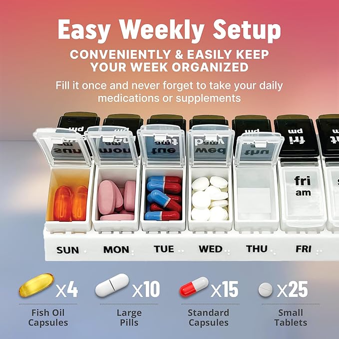 Weekly AM/PM Pill Organizer - 7 Day Medicine Planner with Large Pop-Out Daily Compartments, Easy Open 2-Times-a-Day Pill Case for Travel that Holds Big Size Vitamins & Supplements, Black and White