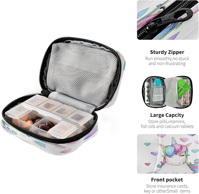 Fantasy Animal Unicorn Pill Box 7 Day Pill Case Travel Pill Organizer Bag with Zipper Portable Weekly Case Compact Size for Vitamin Supplement Holder