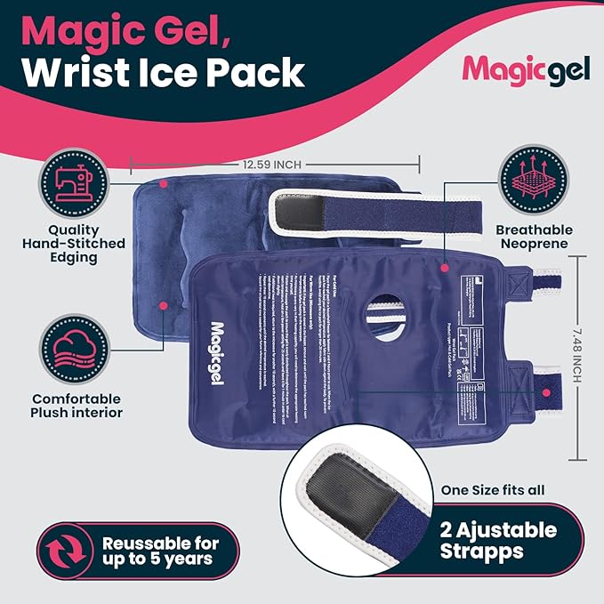 Magic Gel Wrist Ice Pack Wrap - Hot or Cold Hand Brace with Gel Pack - Wrist Band Heating or Cooling Compression for Right or Left Hand - Adjustable Straps - Blue