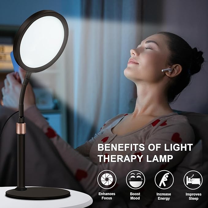 Light Therapy Lamp, UV-Free 10000 Lux Sun Therapy Light with 360° Gooseneck & 9 Brightness Happy Therapy Desk Lamp for Lift Mood (Black)