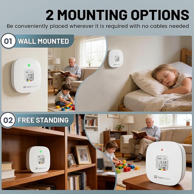 RadonSense Hello Radon S,E-Ink Display Radon Detector for Home,Alpha Spectrometer Sensor&2 Years Battery,Wall Mounted&Free Standing,PCi/L & Bq/m³ Units Switchable