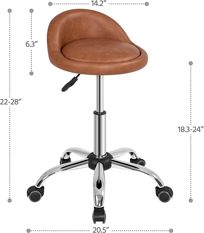 Yaheetech Rolling Stool Adjustable Swivel Stools Chair with Wheels & Back Support Round Tattoo PU Leather Salon Stools for Massage Spa, Retro Brown