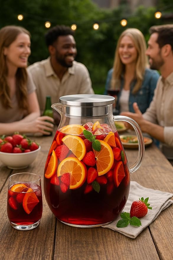 3L Extra Large Glass Pitcher Water Jug – Borosilicate Glass Beverage Dispenser for Sangria, Fruit Punch, and Iced Tea, Ideal for Parties and Holiday Gatherings
