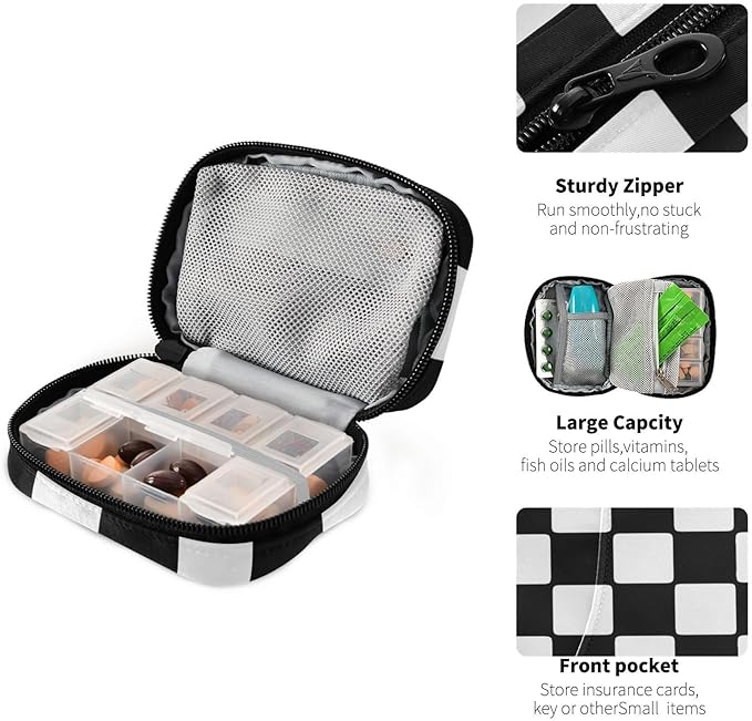 Pill Organizer Box Case Weekly Travel Pill Container Cute Pill Holder 7Day Vitamin Organizer Pill Dispenser Sorter Planner Storage Small Compact Checkerboard White and Black05