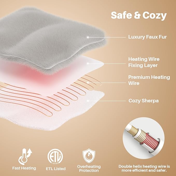 Electric Foot Warmer, Luxury Faux Fur Heating Pad for Feet Pain Relief Cramp, Heated Foot Warmer for Under Desk & Bed with 3 Heat Settings & 2H Auto-Off, ETL Certified, 16x22 Inch, Light Grey